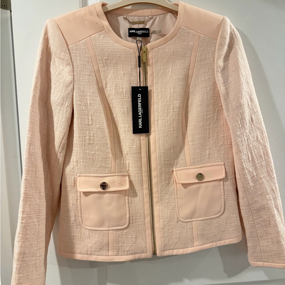 Karl Lagerfeld Pale Pink Textured Zip-Up Blazer